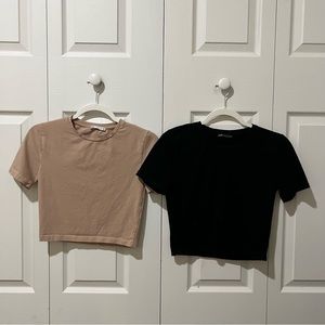 2 Zara Black and Tan Crop Tops, Small